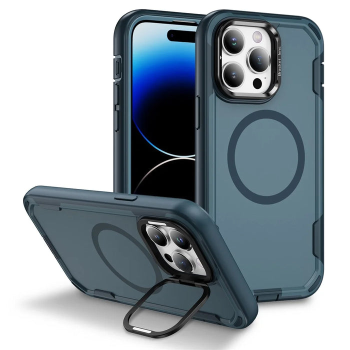 For iPhone 14 Pro Case Compatible with MagSafe Lens Frame Kickstand TPU + PC Shockproof Phone Cover - Sapphire + Blue - 1