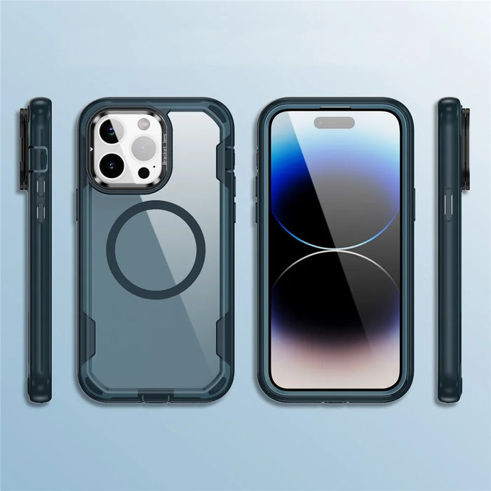 For iPhone 14 Pro Case Compatible with MagSafe Lens Frame Kickstand TPU + PC Shockproof Phone Cover - Sapphire + Blue - 4