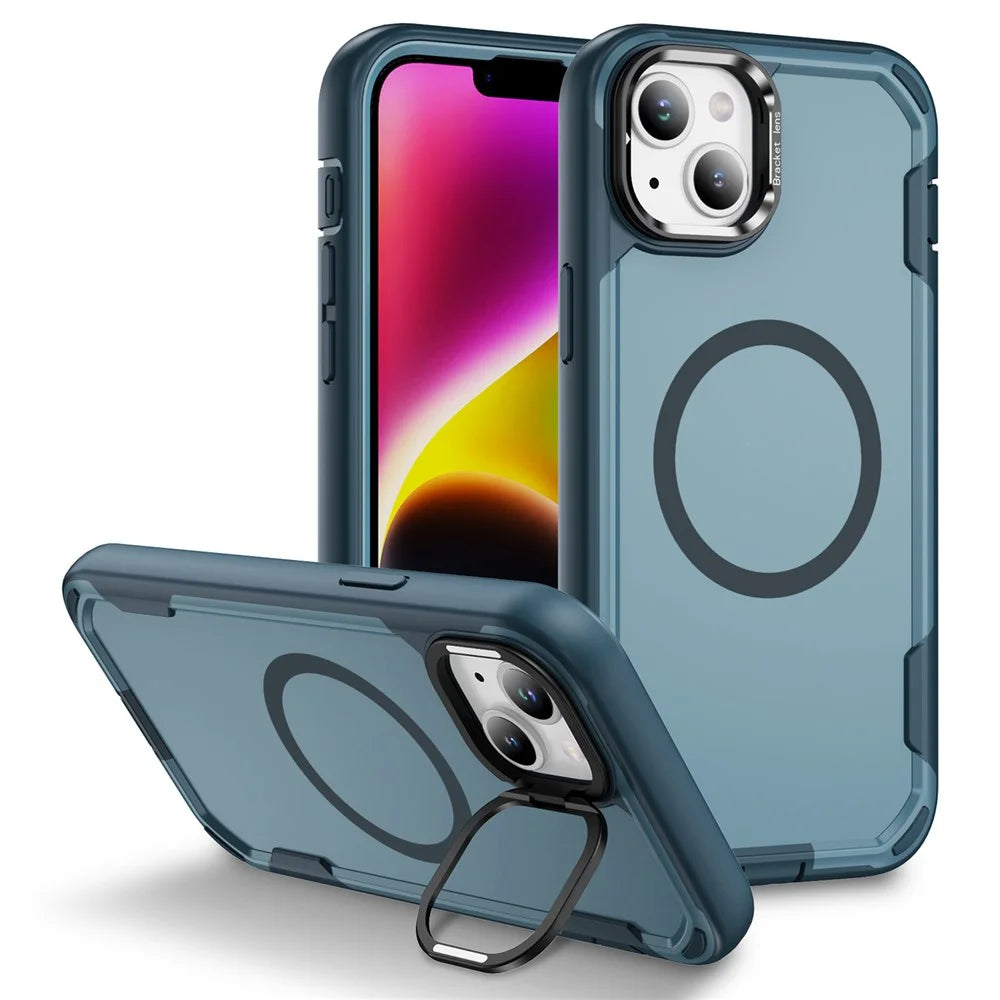 For iPhone 14 / 13 Case Compatible with MagSafe Lens Frame Kickstand TPU + PC Shockproof Phone Cover - Sapphire + Blue - 1