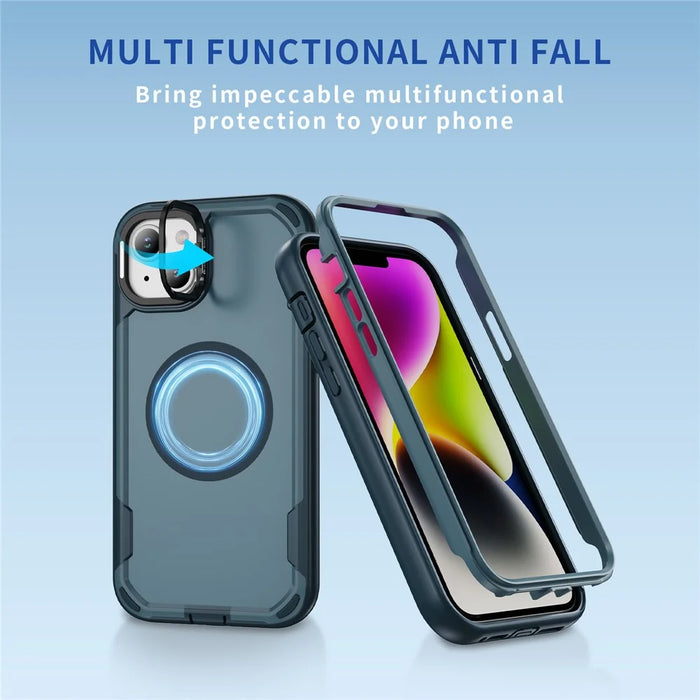 For iPhone 14 / 13 Case Compatible with MagSafe Lens Frame Kickstand TPU + PC Shockproof Phone Cover - Sapphire + Blue - 2