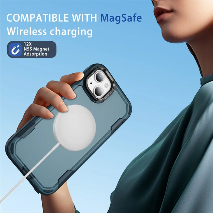 For iPhone 14 / 13 Case Compatible with MagSafe Lens Frame Kickstand TPU + PC Shockproof Phone Cover - Sapphire + Blue - 7