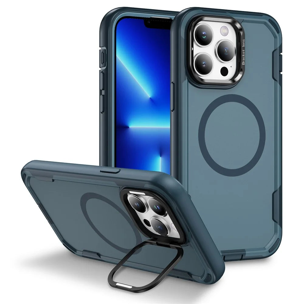For iPhone 13 Pro Case Compatible with MagSafe Lens Frame Kickstand TPU + PC Shockproof Phone Cover - Sapphire + Blue - 1