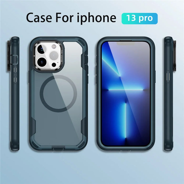 For iPhone 13 Pro Case Compatible with MagSafe Lens Frame Kickstand TPU + PC Shockproof Phone Cover - Sapphire + Blue - 4