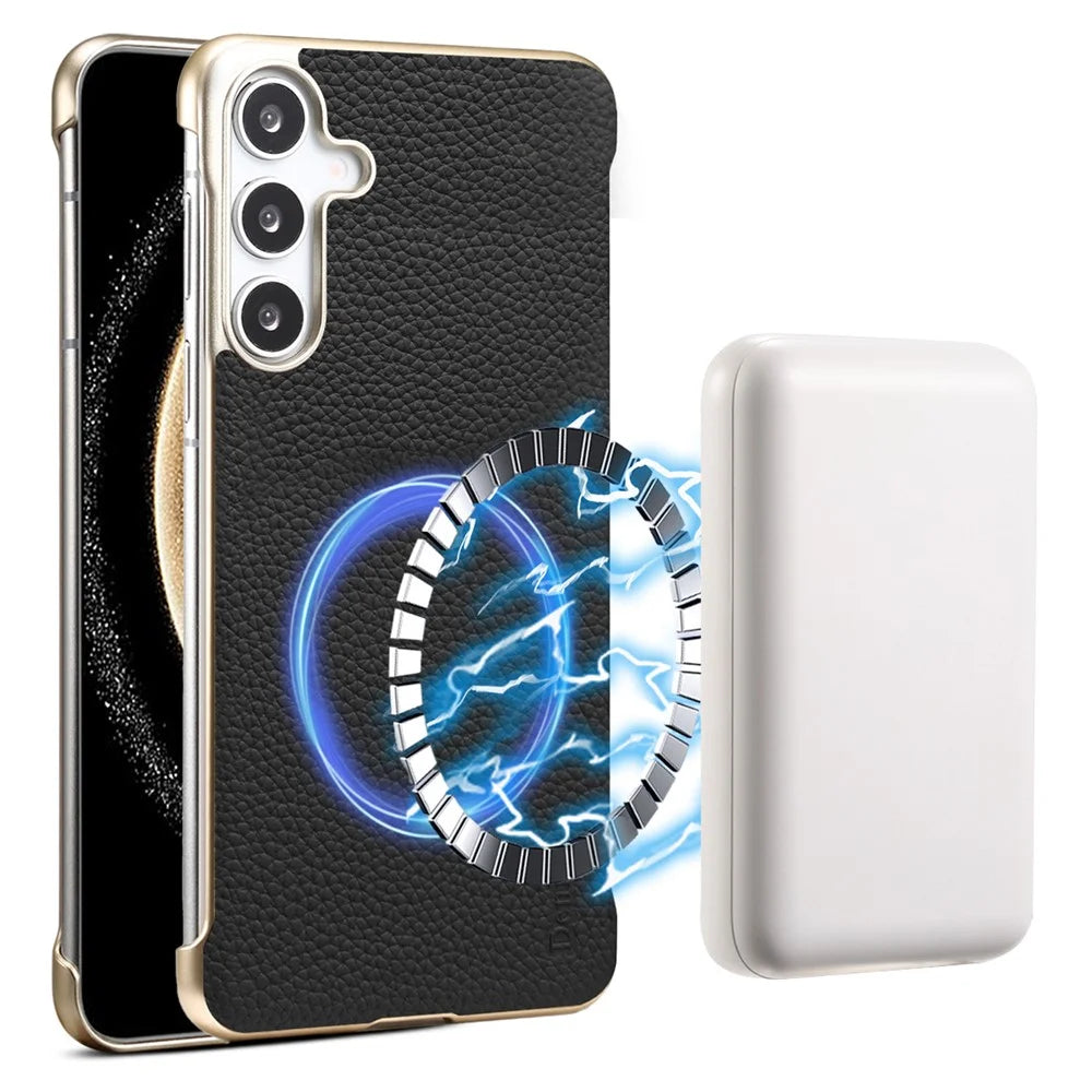 For Samsung Galaxy S25 Magnetic Case Litchi Texture Genuine Cow Leather + PC Boardless Phone Cover - Black - 1