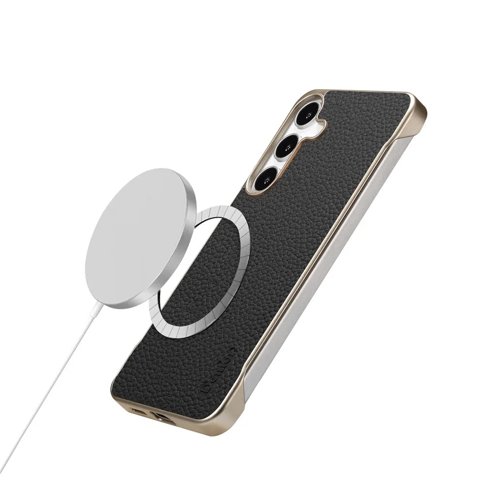 For Samsung Galaxy S25 Magnetic Case Litchi Texture Genuine Cow Leather + PC Boardless Phone Cover - Black - 4