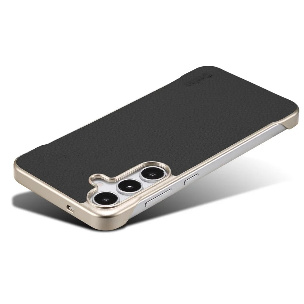 For Samsung Galaxy S25 Magnetic Case Litchi Texture Genuine Cow Leather + PC Boardless Phone Cover - Black - 6