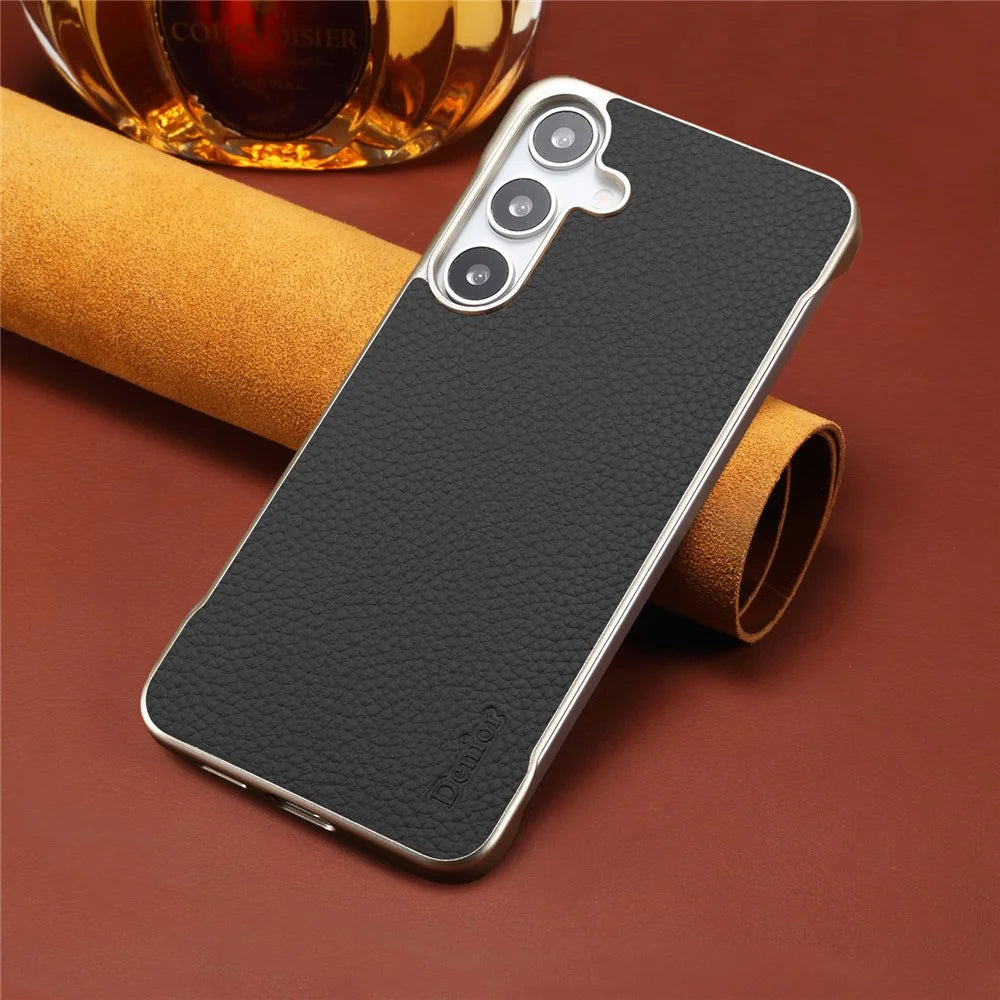 For Samsung Galaxy S25 Magnetic Case Litchi Texture Genuine Cow Leather + PC Boardless Phone Cover - Black - 7