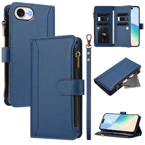 For iPhone 17e / 16e Leather Case 9 Card Slots Zipper Wallet Stand Phone Cover with Wrist Strap - Dark Blue - 1