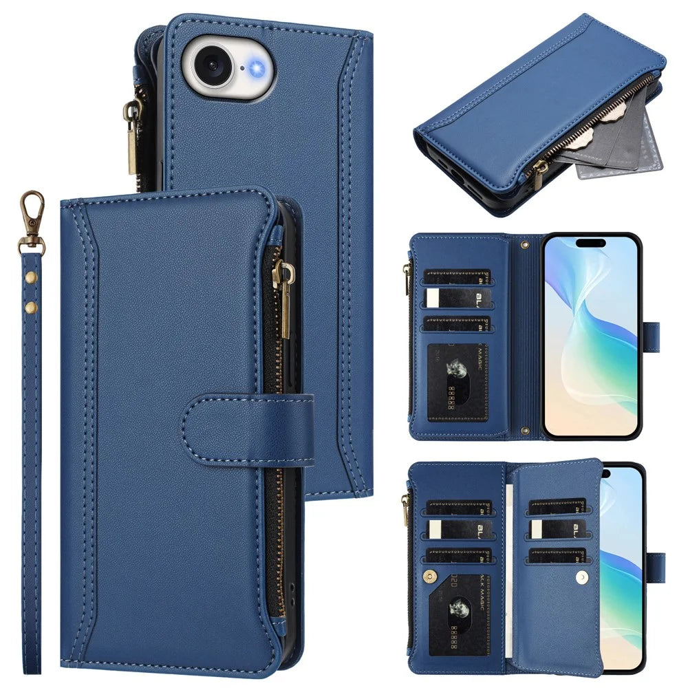 For iPhone 17e / 16e Leather Case 9 Card Slots Zipper Wallet Stand Phone Cover with Wrist Strap - Dark Blue - 2