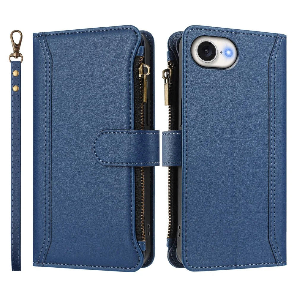 For iPhone 17e / 16e Leather Case 9 Card Slots Zipper Wallet Stand Phone Cover with Wrist Strap - Dark Blue - 3
