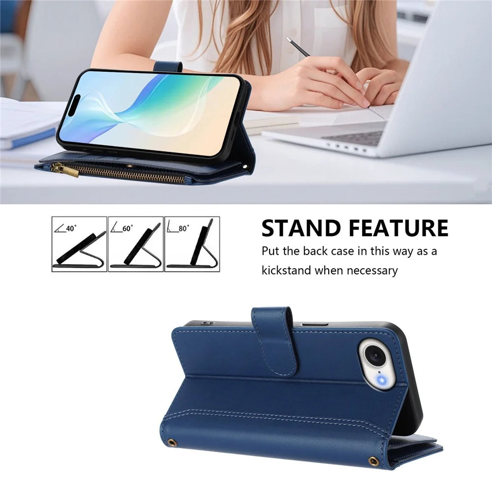 For iPhone 17e / 16e Leather Case 9 Card Slots Zipper Wallet Stand Phone Cover with Wrist Strap - Dark Blue - 4