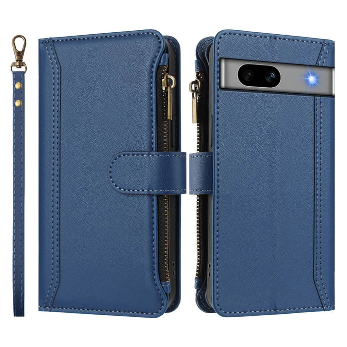 For Google Pixel 7a Leather Case 9 Card Slots Zipper Wallet Stand Phone Cover with Wrist Strap - Dark Blue - 3
