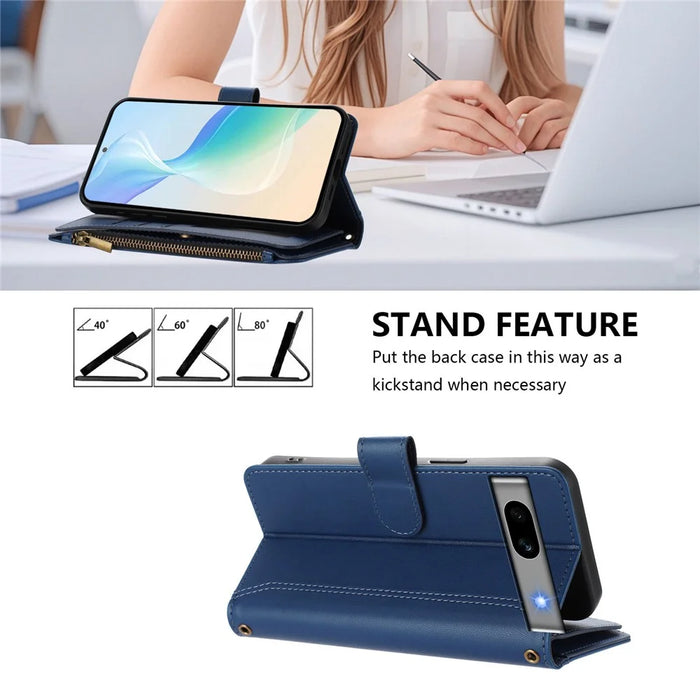 For Google Pixel 7a Leather Case 9 Card Slots Zipper Wallet Stand Phone Cover with Wrist Strap - Dark Blue - 4