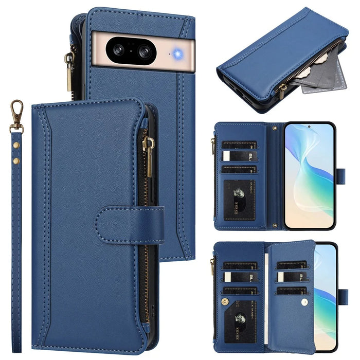 For Google Pixel 8 Leather Case 9 Card Slots Zipper Wallet Stand Phone Cover with Wrist Strap - Dark Blue - 2