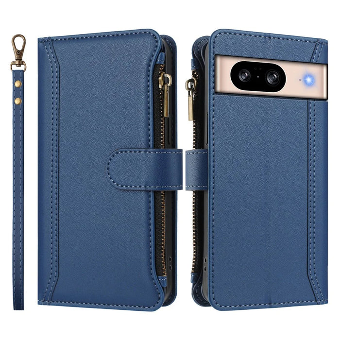For Google Pixel 8 Leather Case 9 Card Slots Zipper Wallet Stand Phone Cover with Wrist Strap - Dark Blue - 3