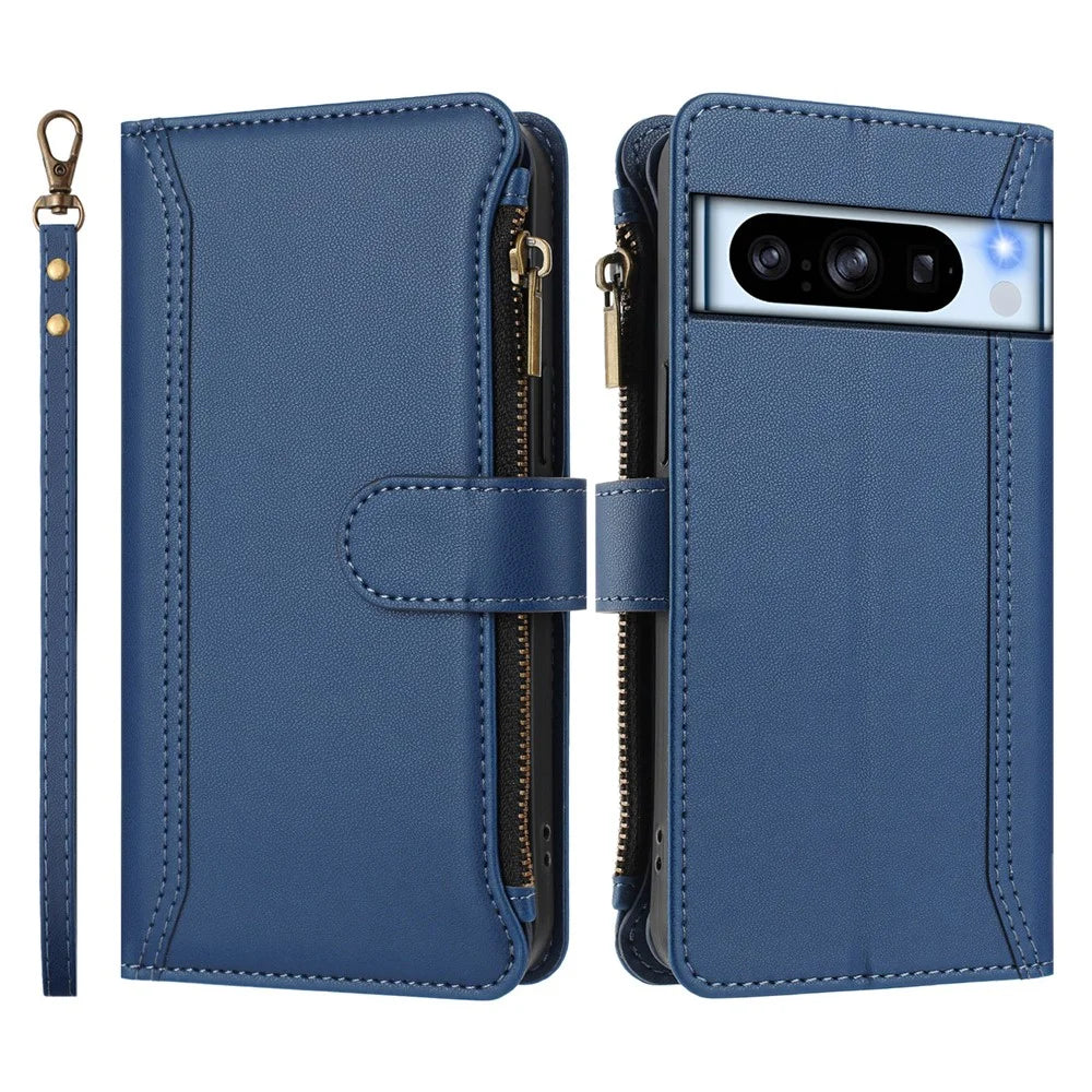 For Google Pixel 8 Pro Leather Case 9 Card Slots Zipper Wallet Stand Phone Cover with Wrist Strap - Dark Blue - 3