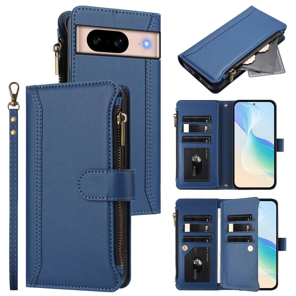 For Google Pixel 8a Leather Case 9 Card Slots Zipper Wallet Stand Phone Cover with Wrist Strap - Dark Blue - 2
