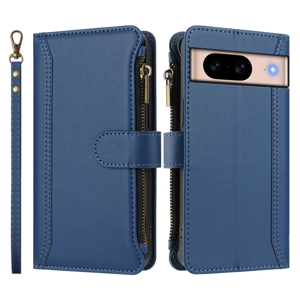 For Google Pixel 8a Leather Case 9 Card Slots Zipper Wallet Stand Phone Cover with Wrist Strap - Dark Blue - 3