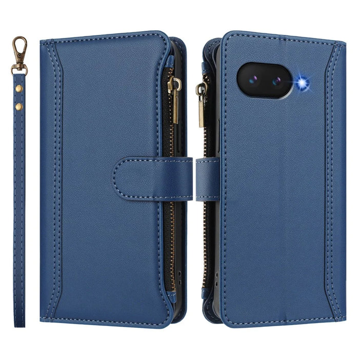 For Google Pixel 9a Leather Case 9 Card Slots Zipper Wallet Stand Phone Cover with Wrist Strap - Dark Blue - 3