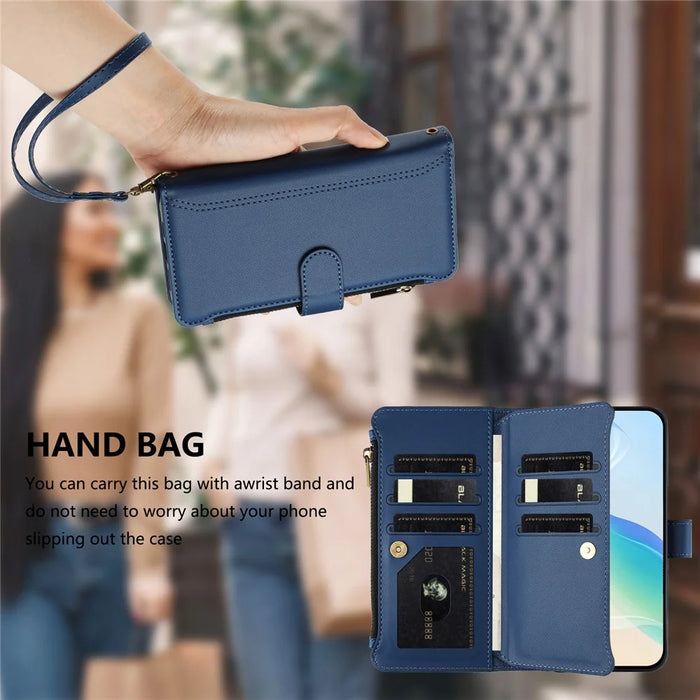 For Google Pixel 9a Leather Case 9 Card Slots Zipper Wallet Stand Phone Cover with Wrist Strap - Dark Blue - 7