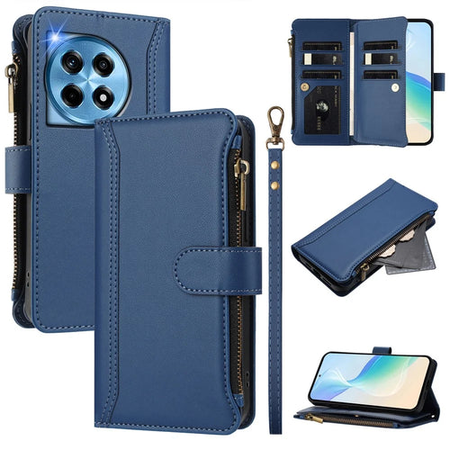 For OnePlus Ace 3 5G / OnePlus 12R 5G Leather Case 9 Card Slots Zipper Wallet Stand Phone Cover with Wrist Strap - Dark Blue - 1