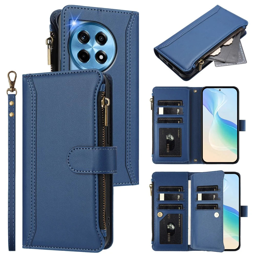 For OnePlus Ace 3 5G / OnePlus 12R 5G Leather Case 9 Card Slots Zipper Wallet Stand Phone Cover with Wrist Strap - Dark Blue - 2
