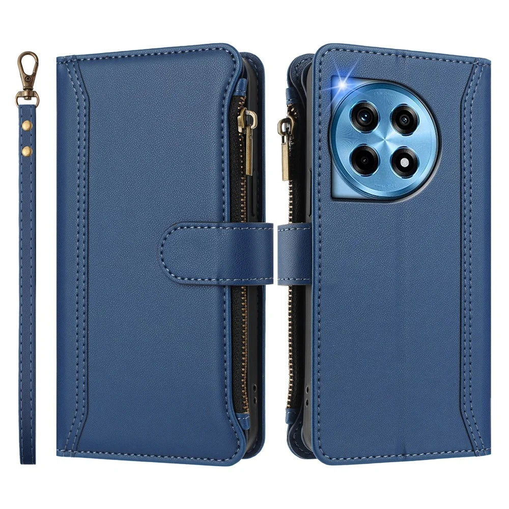 For OnePlus Ace 3 5G / OnePlus 12R 5G Leather Case 9 Card Slots Zipper Wallet Stand Phone Cover with Wrist Strap - Dark Blue - 3