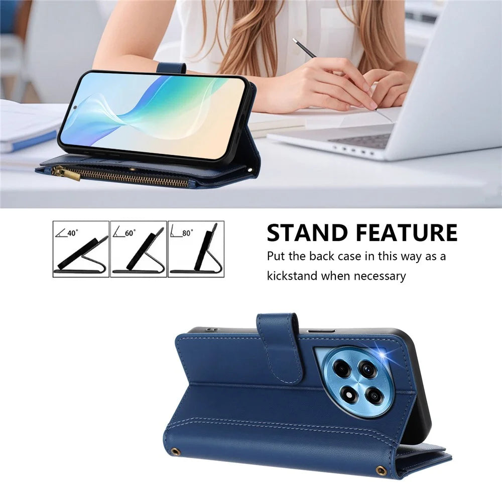 For OnePlus Ace 3 5G / OnePlus 12R 5G Leather Case 9 Card Slots Zipper Wallet Stand Phone Cover with Wrist Strap - Dark Blue - 4
