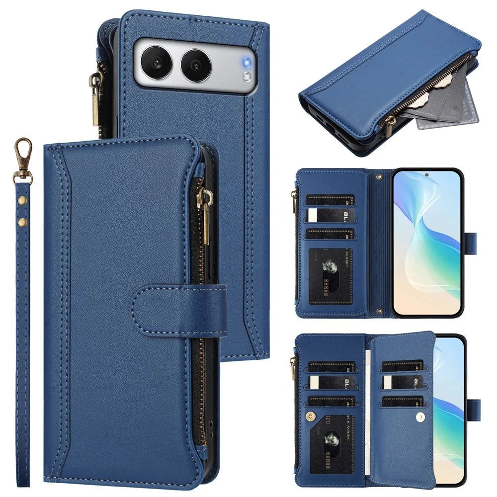 For OnePlus Nord 4 Leather Case 9 Card Slots Zipper Wallet Stand Phone Cover with Wrist Strap - Dark Blue - 2