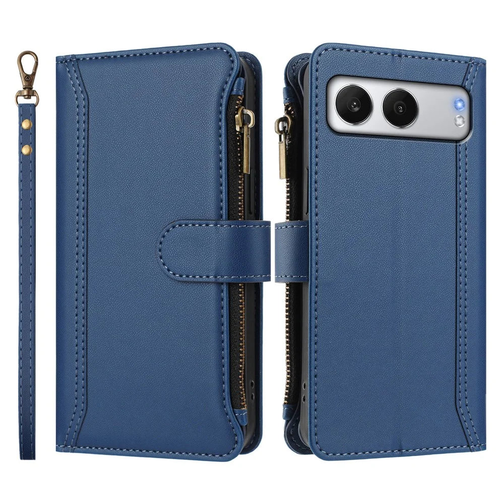 For OnePlus Nord 4 Leather Case 9 Card Slots Zipper Wallet Stand Phone Cover with Wrist Strap - Dark Blue - 3