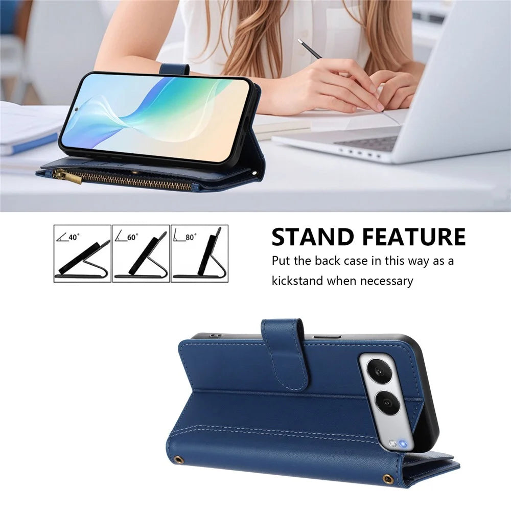 For OnePlus Nord 4 Leather Case 9 Card Slots Zipper Wallet Stand Phone Cover with Wrist Strap - Dark Blue - 4