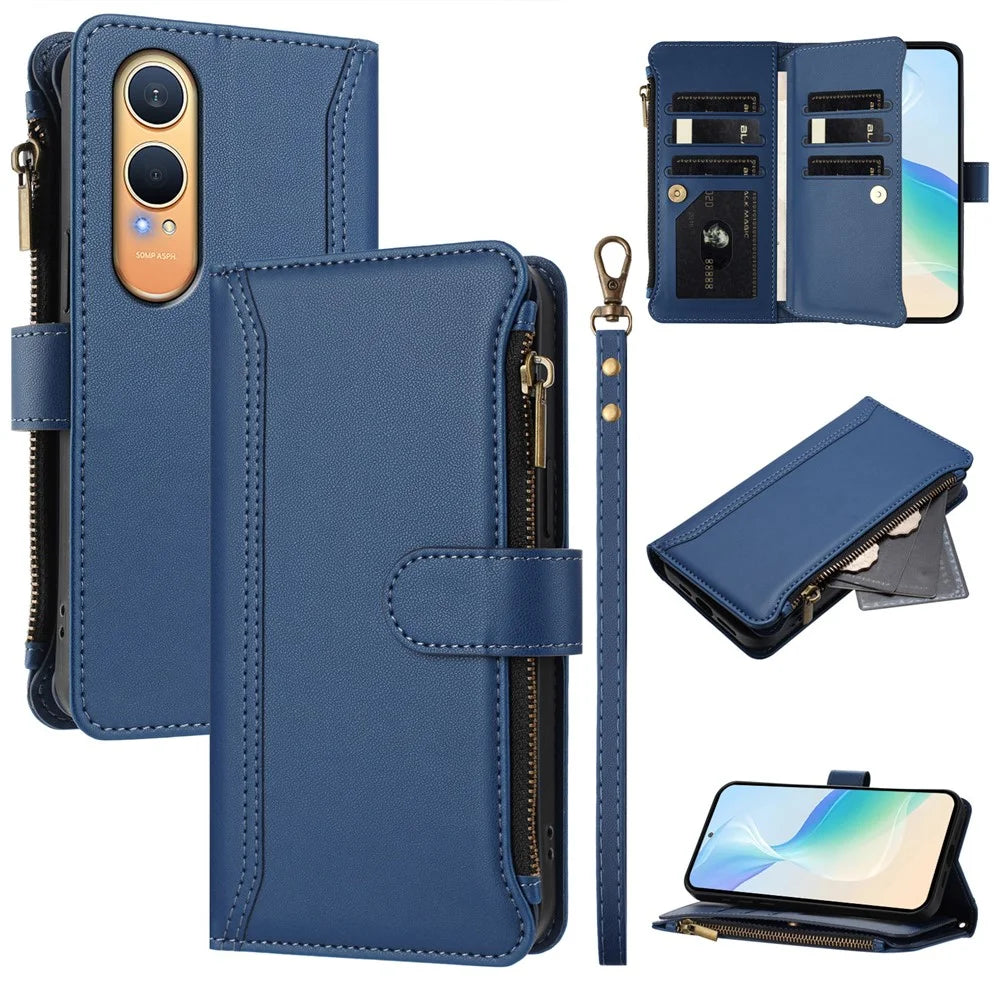 For Oppo K12x 5G (China) / OnePlus Nord CE4 Lite 5G Leather Case 9 Card Slots Zipper Wallet Stand Phone Cover with Wrist Strap - Dark Blue - 1