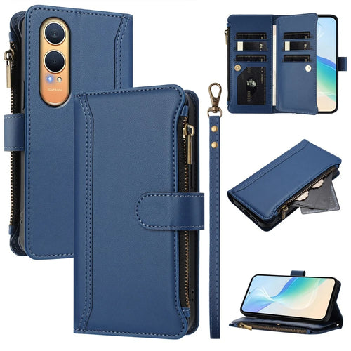 For Oppo K12x 5G (China) / OnePlus Nord CE4 Lite 5G Leather Case 9 Card Slots Zipper Wallet Stand Phone Cover with Wrist Strap - Dark Blue - 1