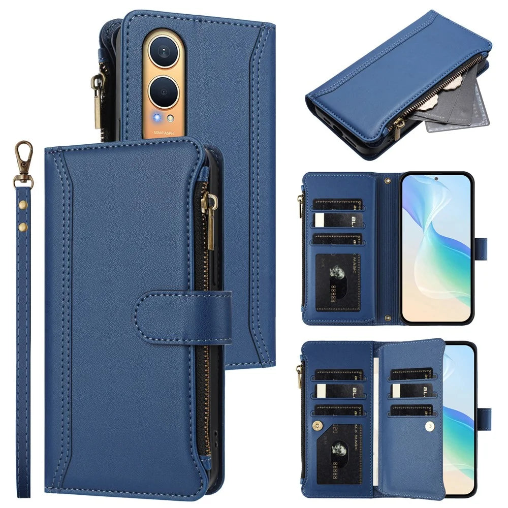 For Oppo K12x 5G (China) / OnePlus Nord CE4 Lite 5G Leather Case 9 Card Slots Zipper Wallet Stand Phone Cover with Wrist Strap - Dark Blue - 2