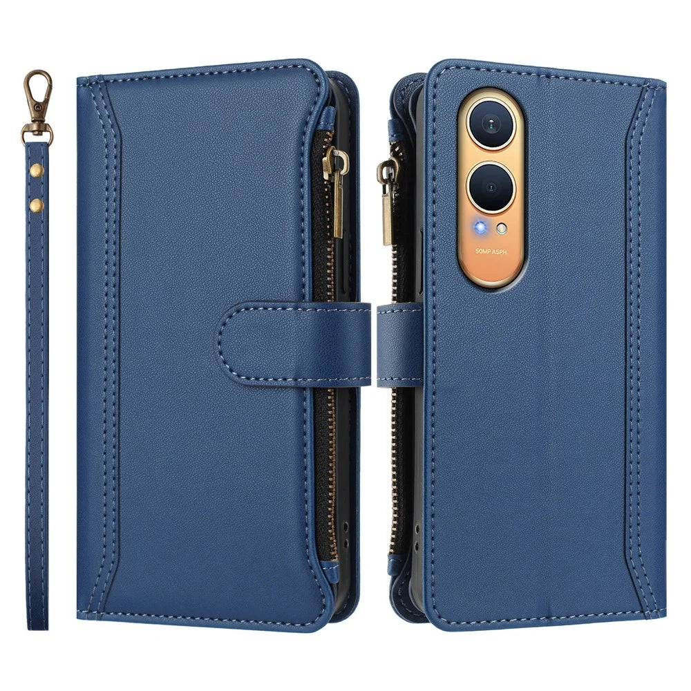 For Oppo K12x 5G (China) / OnePlus Nord CE4 Lite 5G Leather Case 9 Card Slots Zipper Wallet Stand Phone Cover with Wrist Strap - Dark Blue - 3