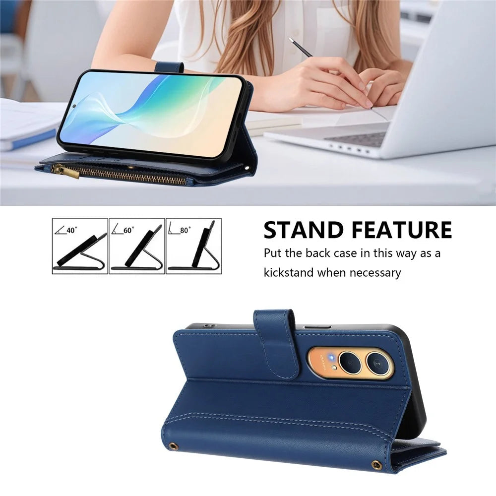 For Oppo K12x 5G (China) / OnePlus Nord CE4 Lite 5G Leather Case 9 Card Slots Zipper Wallet Stand Phone Cover with Wrist Strap - Dark Blue - 4