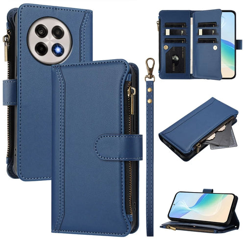 For OnePlus Ace 5 Pro 5G / OnePlus 13R 5G Leather Case 9 Card Slots Zipper Wallet Stand Phone Cover with Wrist Strap - Dark Blue - 1