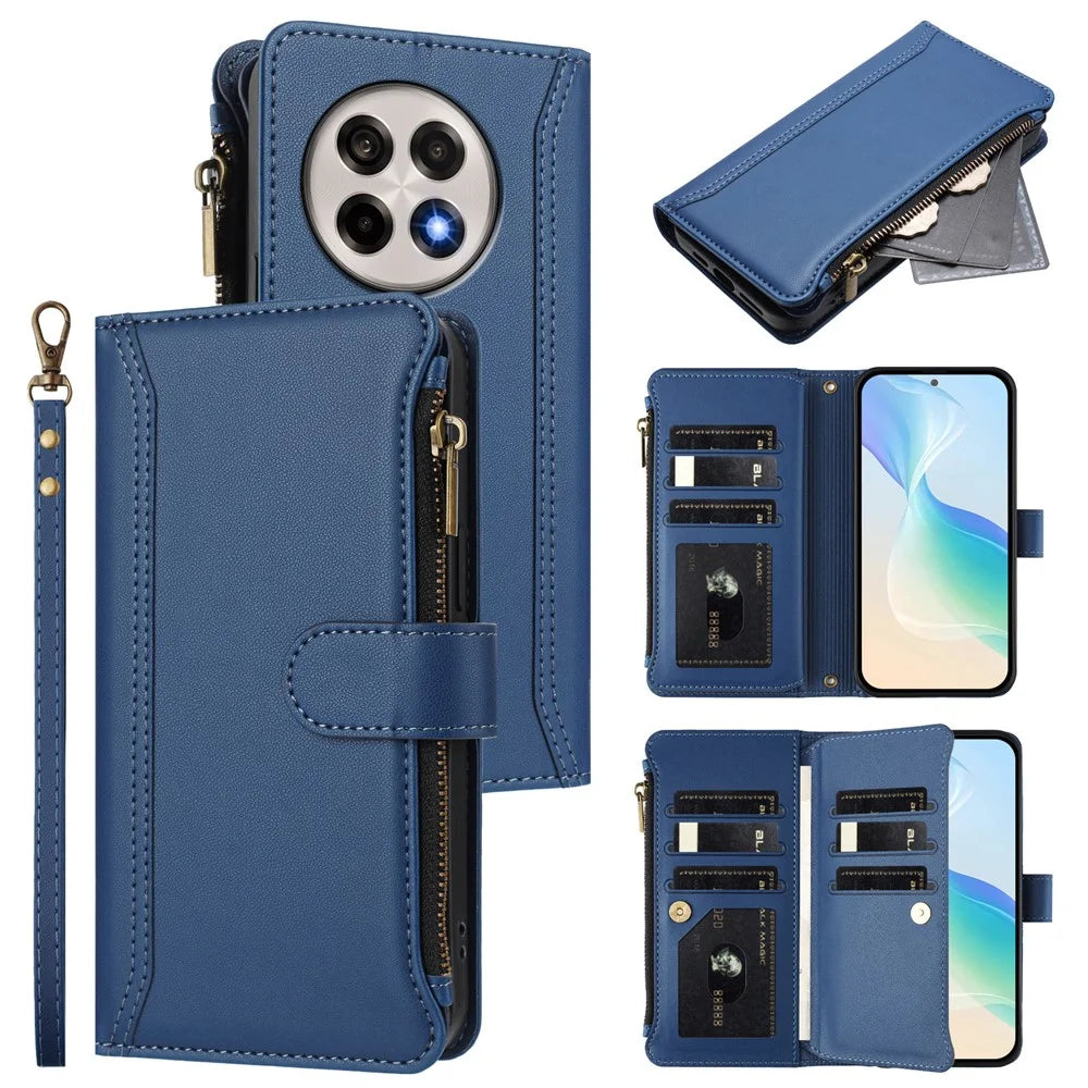 For OnePlus Ace 5 Pro 5G / OnePlus 13R 5G Leather Case 9 Card Slots Zipper Wallet Stand Phone Cover with Wrist Strap - Dark Blue - 2
