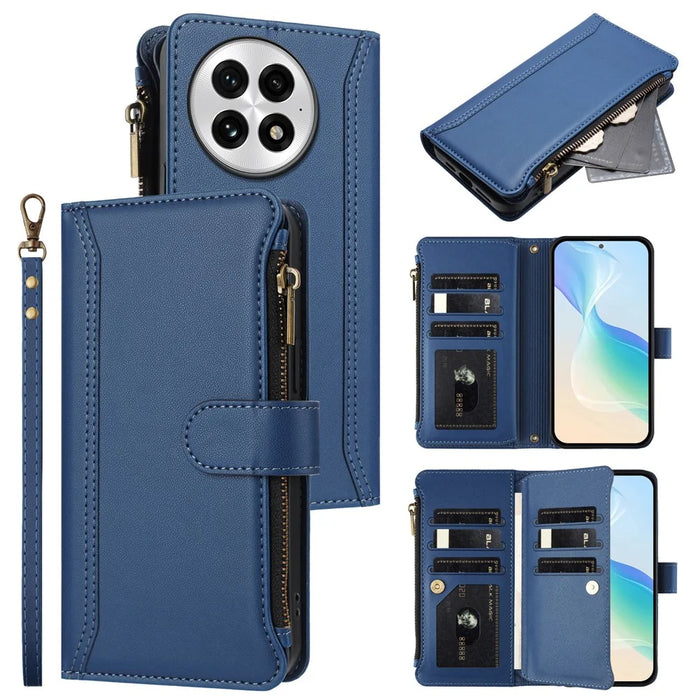 For OnePlus 13 Leather Case 9 Card Slots Zipper Wallet Stand Phone Cover with Wrist Strap - Dark Blue - 2