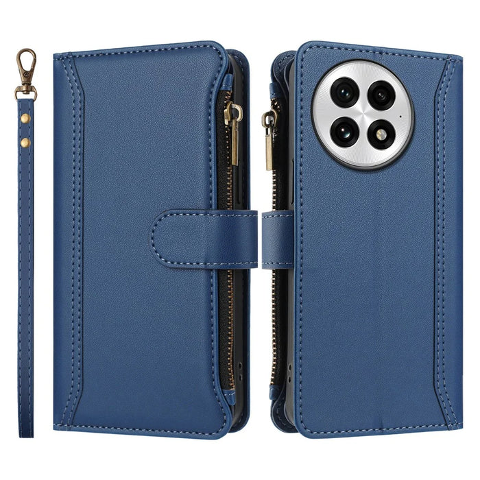For OnePlus 13 Leather Case 9 Card Slots Zipper Wallet Stand Phone Cover with Wrist Strap - Dark Blue - 3