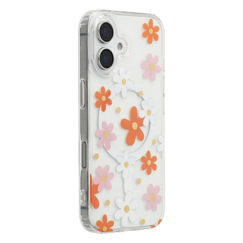 For iPhone 16 Plus Magnetic Case IMD Flower Pattern TPU + PC Clear Back Phone Cover - Style D - 1