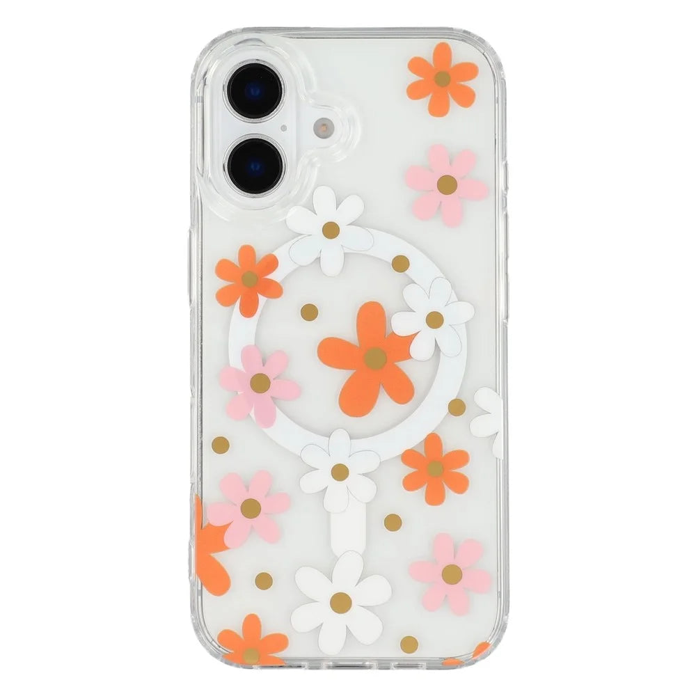 For iPhone 16 Plus Magnetic Case IMD Flower Pattern TPU + PC Clear Back Phone Cover - Style D - 3