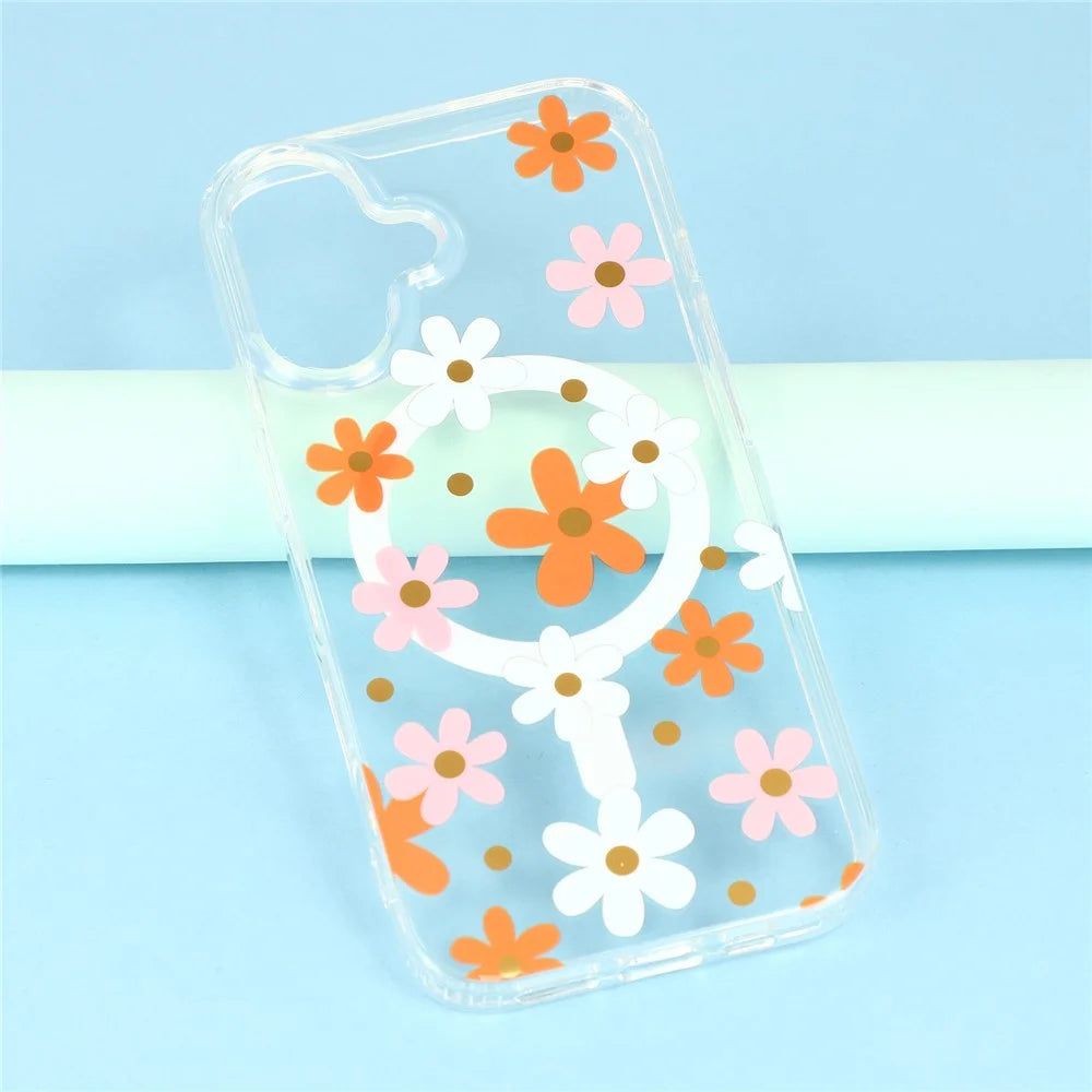 For iPhone 16 Plus Magnetic Case IMD Flower Pattern TPU + PC Clear Back Phone Cover - Style D - 7