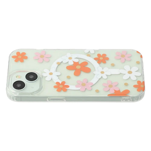 For iPhone 15 Magnetic Case IMD Flower Pattern TPU + PC Clear Back Phone Cover - Style D - 1