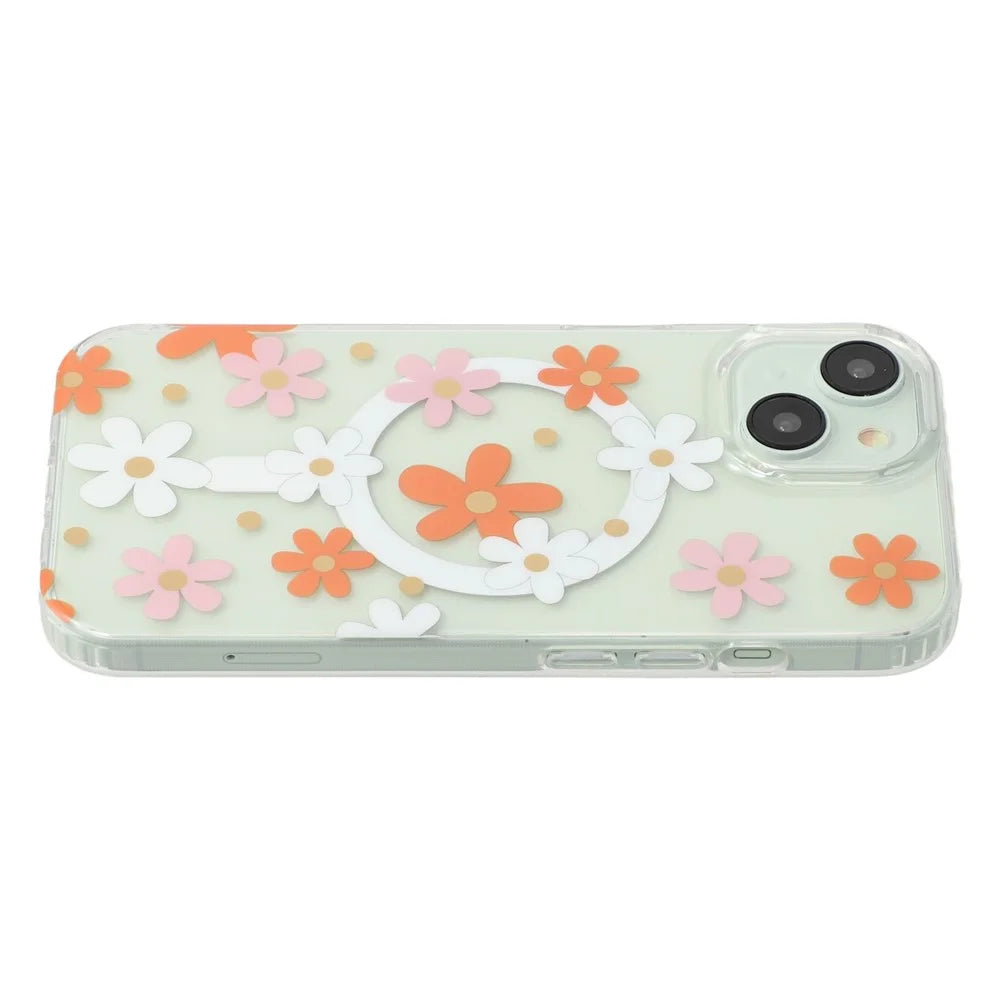 For iPhone 15 Magnetic Case IMD Flower Pattern TPU + PC Clear Back Phone Cover - Style D - 4