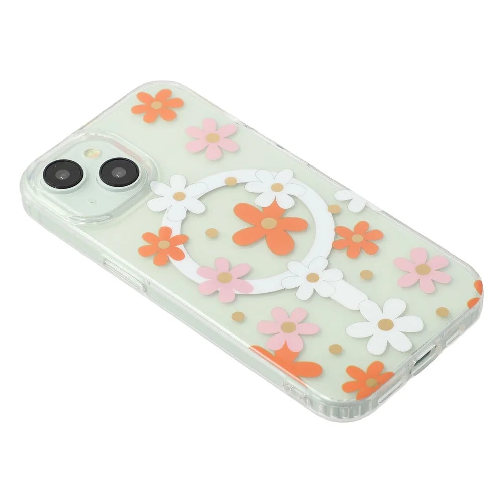 For iPhone 15 Magnetic Case IMD Flower Pattern TPU + PC Clear Back Phone Cover - Style D - 6