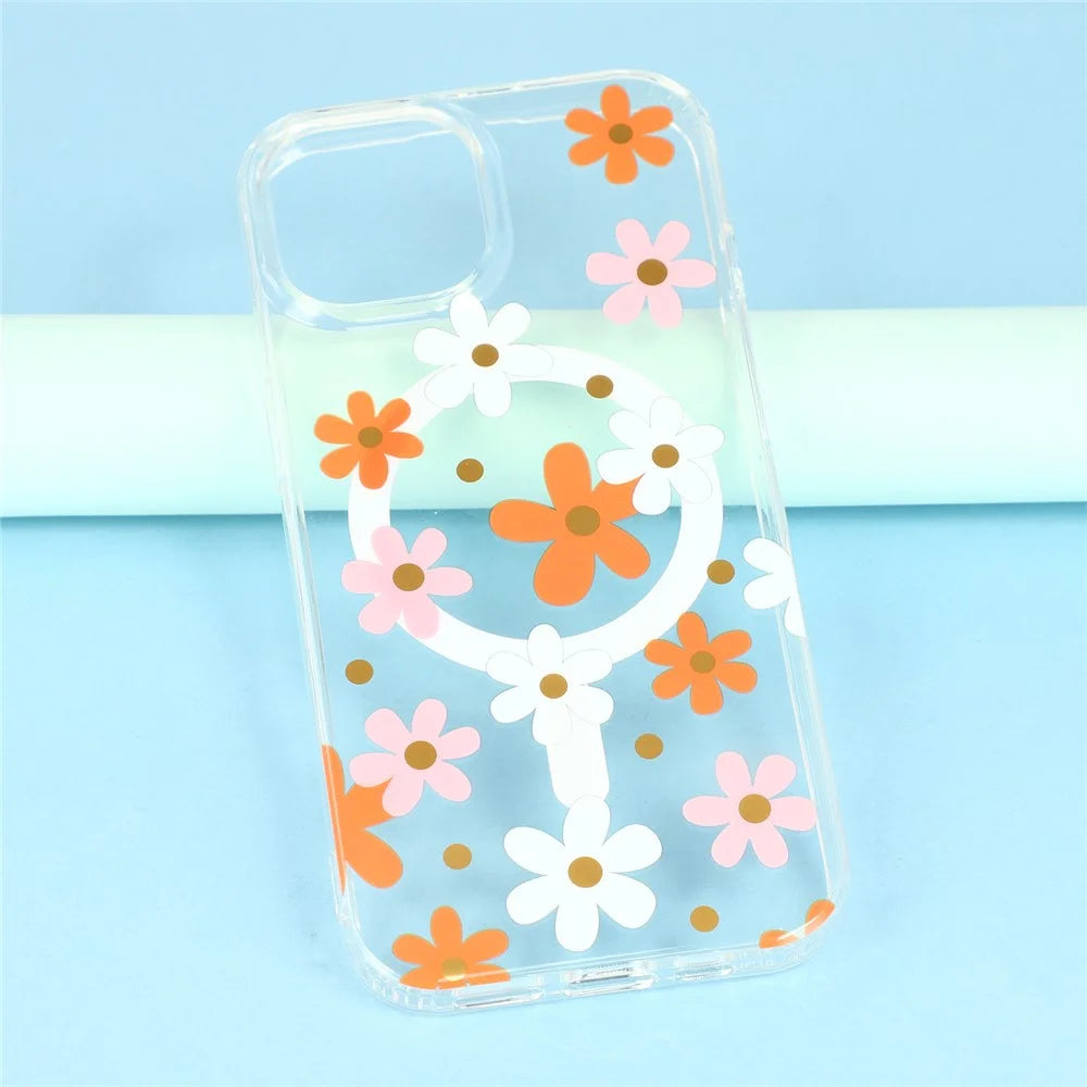 For iPhone 15 Magnetic Case IMD Flower Pattern TPU + PC Clear Back Phone Cover - Style D - 7