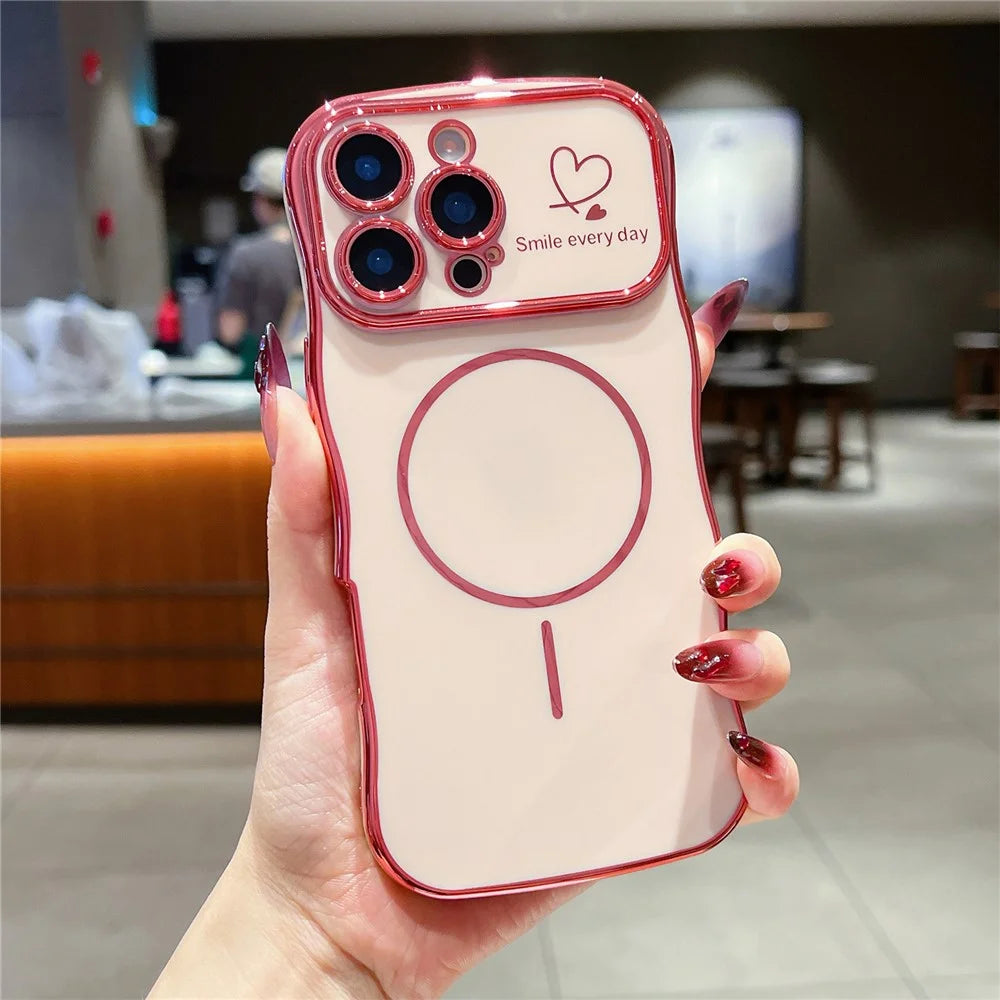 For iPhone 16 Pro Max Magnetic Case Electroplating Wave Edge TPU Phone Cover Heart Pattern - Rose Pink - 2