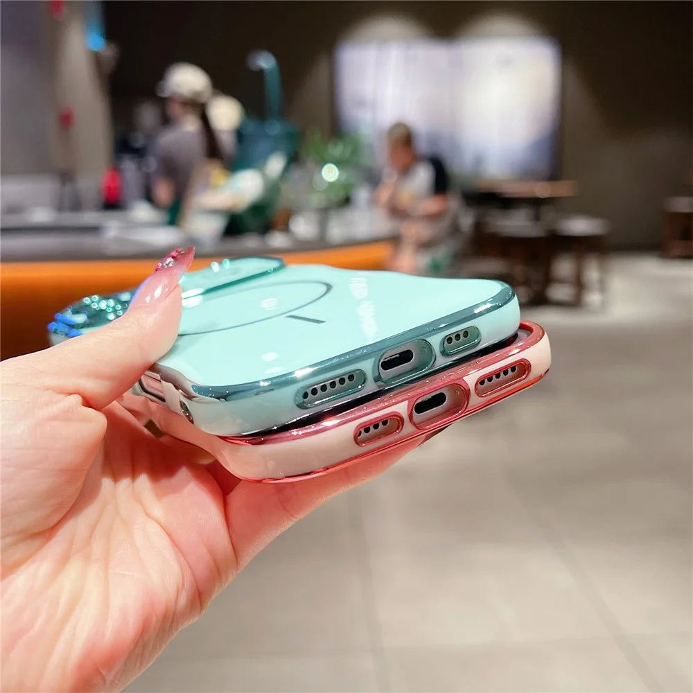 For iPhone 16 Pro Max Magnetic Case Electroplating Wave Edge TPU Phone Cover Heart Pattern - Rose Pink - 7
