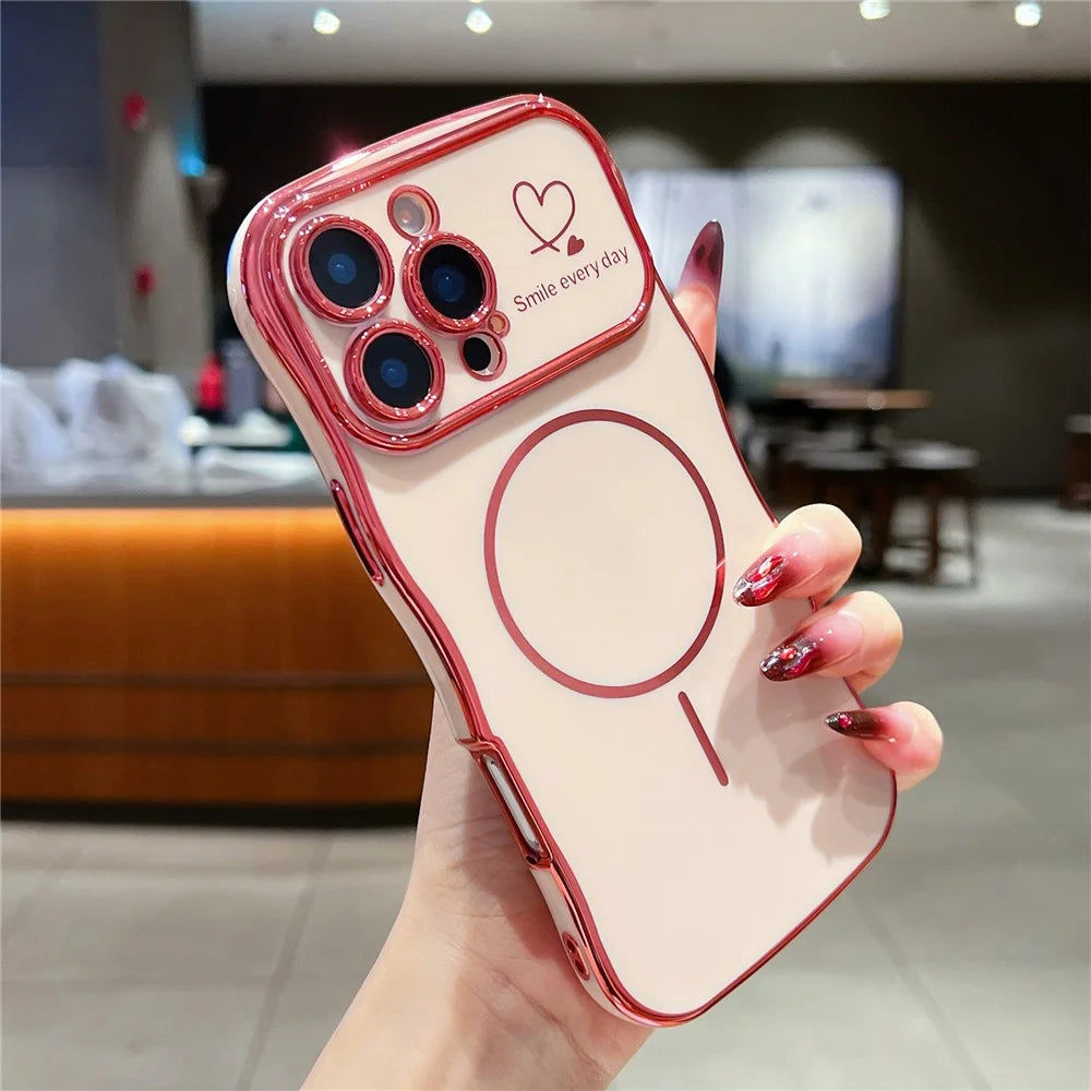 For iPhone 16 Pro Magnetic Case Electroplating Wave Edge TPU Phone Cover Heart Pattern - Rose Pink - 1